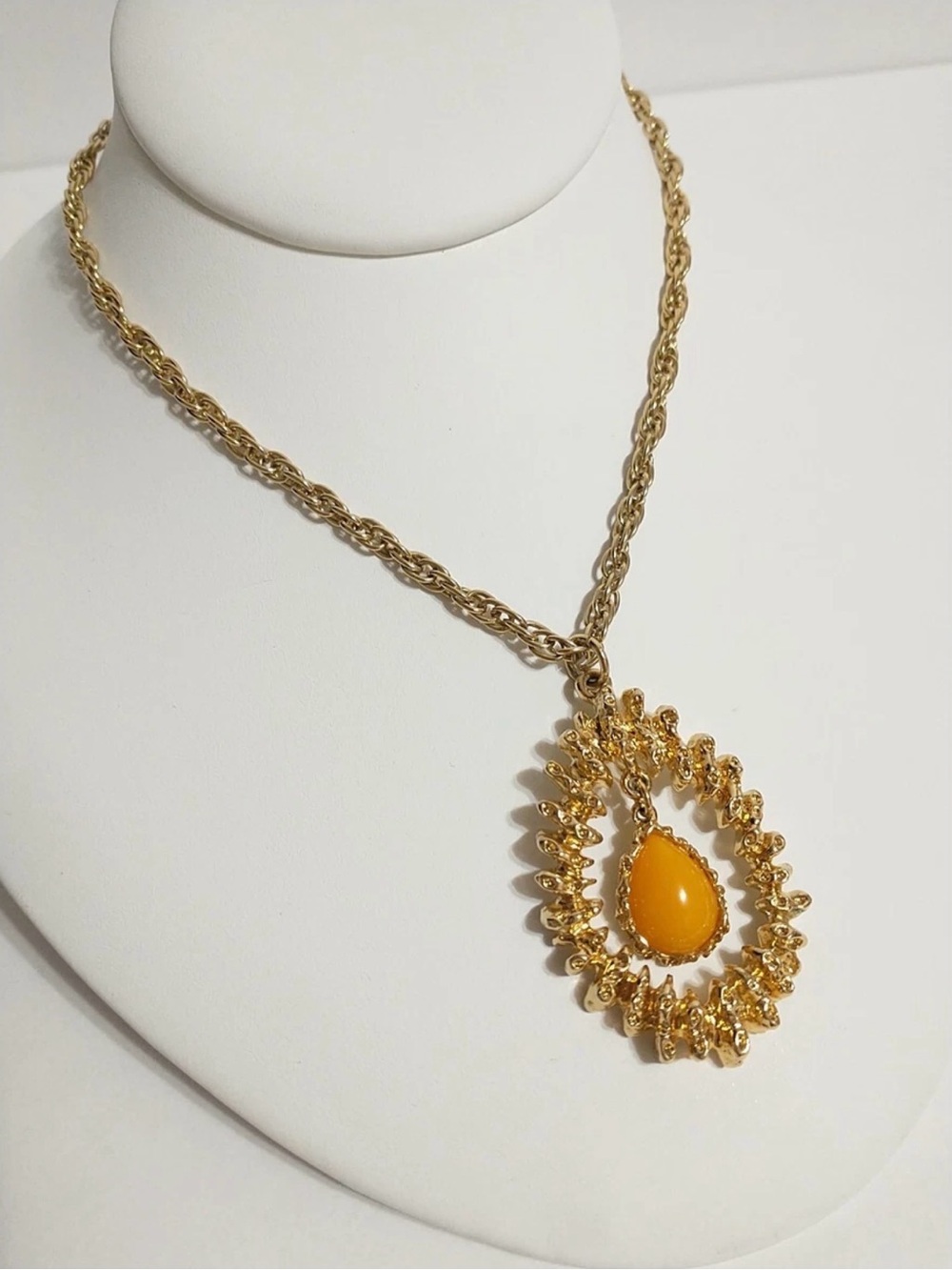 Vintage Sarah Coventry Gold-Tone Necklace with Amber Yellow Teardrop Pendant
